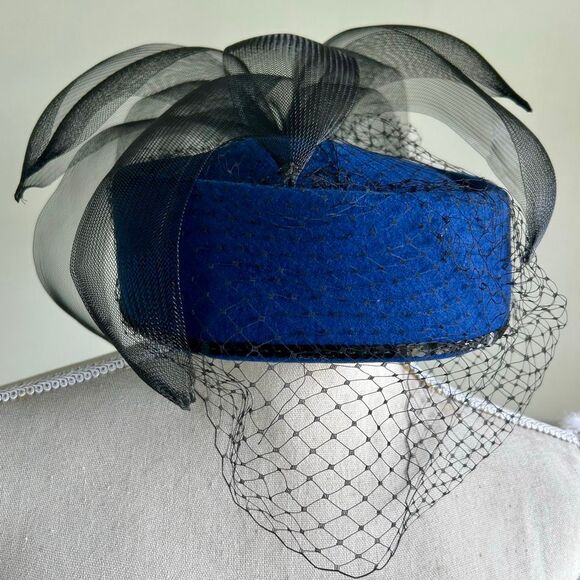 Royal Blue WPL Wool and Black Mesh Fascinator Pillbox Hat Black Sequins main image 10